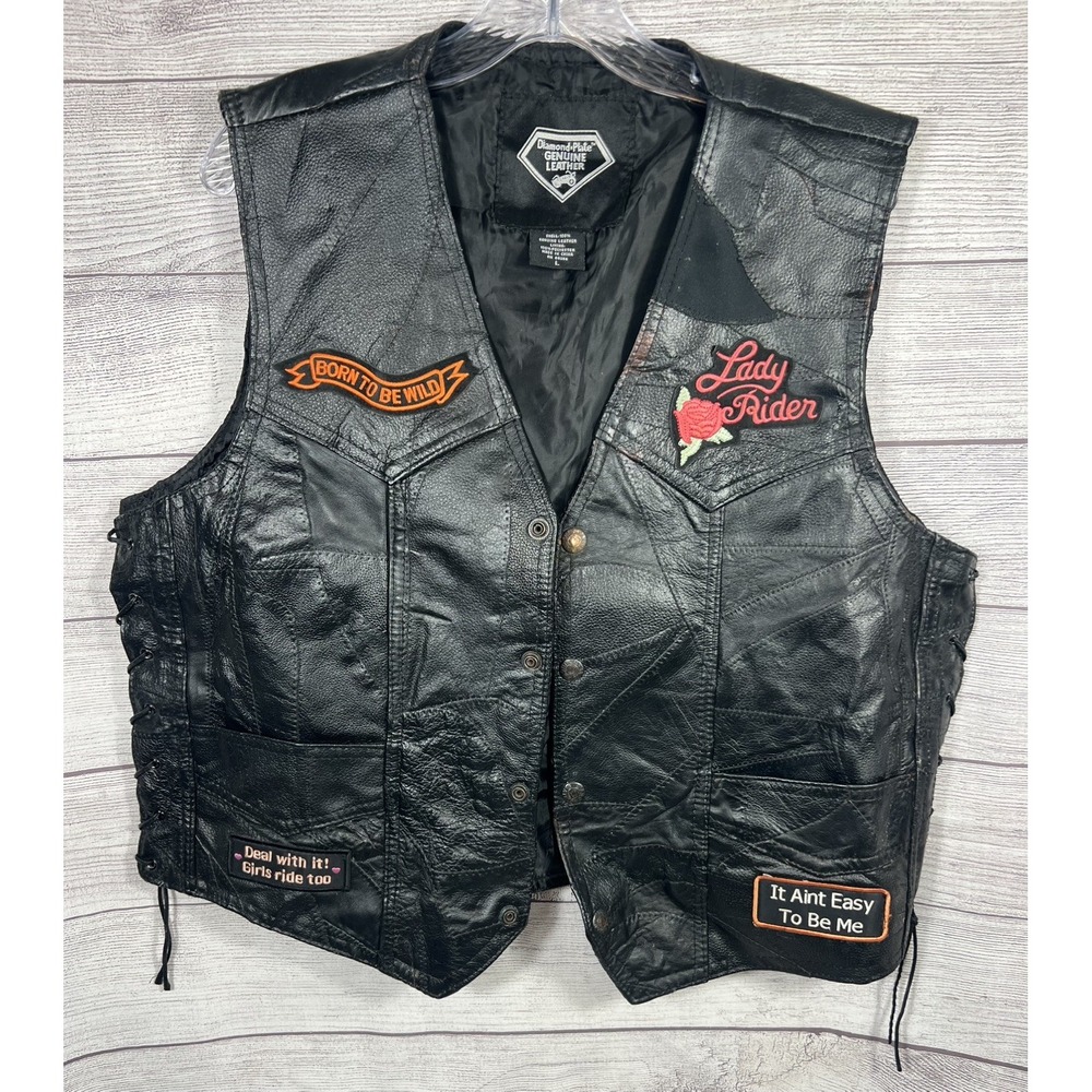 Diamond Plate Black Patchwork Leather Vest Patches Lady Biker Grunge 90s L